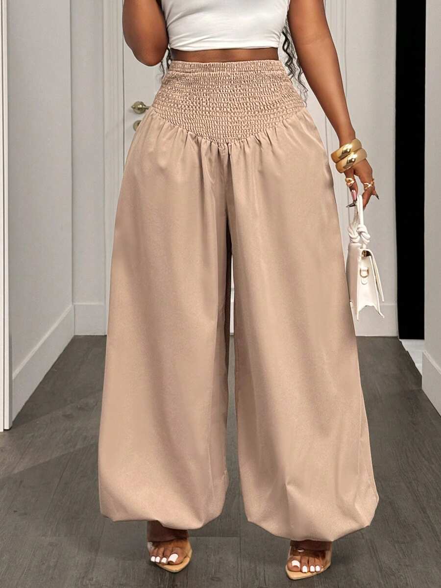 BamGleam Women's Solid Color Waist Gathered Cuffed Long Pants For Vacation - Khaki - View 1
