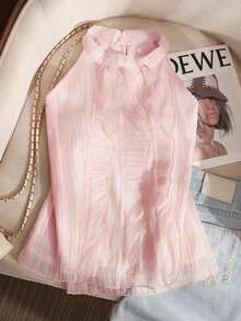 Selianne Women's Spring/Summer French Romantic Sicilian Exquisite Elegant Casual Commute Vacation Afternoon Tea Party Solid Color Textured Fabric Round Neck Stand Collar Front Ruffle Decor Sleeveless Vest Blouse - Baby Pink - View 1