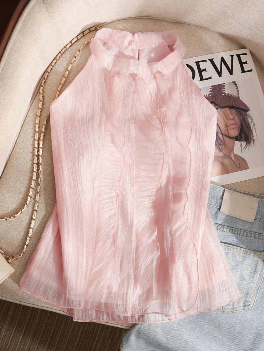 Selianne Women's Spring/Summer French Romantic Sicilian Exquisite Elegant Casual Commute Vacation Afternoon Tea Party Solid Color Textured Fabric Round Neck Stand Collar Front Ruffle Decor Sleeveless Vest Blouse - Baby Pink - View 1