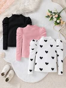 SHEIN LMoss Kids 少女秋冬休閒百搭假領泡泡長袖愛心印花修身T恤3件組 - 粉色 - 查看 5