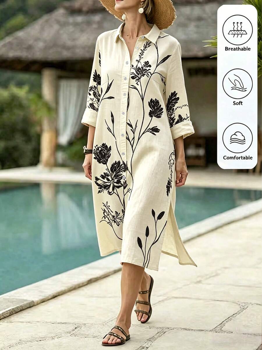 Louniche Gaun Liburan Musim Panas Wanita Motif Cetak Pendek - Krem - View 1