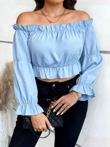 Vionelle Blusa corta con volantes y mangas con hombros descubiertos. Top peplum. - Neblina azul - Ver 6
