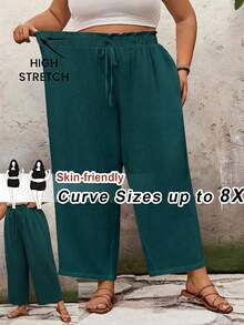 SHEIN CURVE+ 大码休闲纯色宽松长裤，适合夏季/乡村/海滩度假穿着/海滩装/沙滩服饰 - 墨綠色 - 查看 7