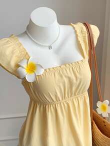 Comfortcana Pale Yellow Woven Women's Fitted Square Neck Vacation T-Shirt Picnic Going Out Everyday Date Party Summer Cute Tiki Romantic - Yellow - View 4