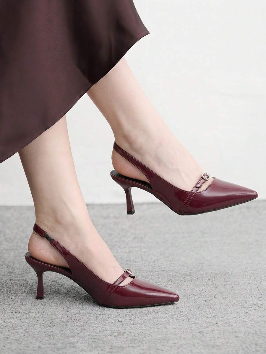 CUCCOO BIZCHIC 酒紅色尖頭細跟後跟帶扣女款高跟鞋 四季通勤時尚簡約日常百搭女鞋 宴會派對女鞋 - 酒紅色1 - 查看 1