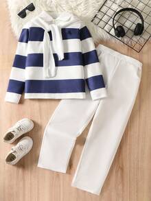 Boys Navy Striped Polo & White Straight Pants With Knit Shawl For Commute, Trips, Gathering, Dining & Back To School - Navy Blue - View 7