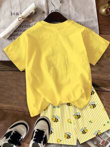 Young Girl Casual Simple Cartoon Pattern Short Sleeve & Shorts 2pcs Set Suitable For Summer - Multicolor - View 3