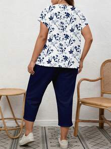 EMERY ROSE Casual Romantic Blue Floral Print Plus Size 2 Pieces Set, Suitable For Summer - Multicolor - View 2