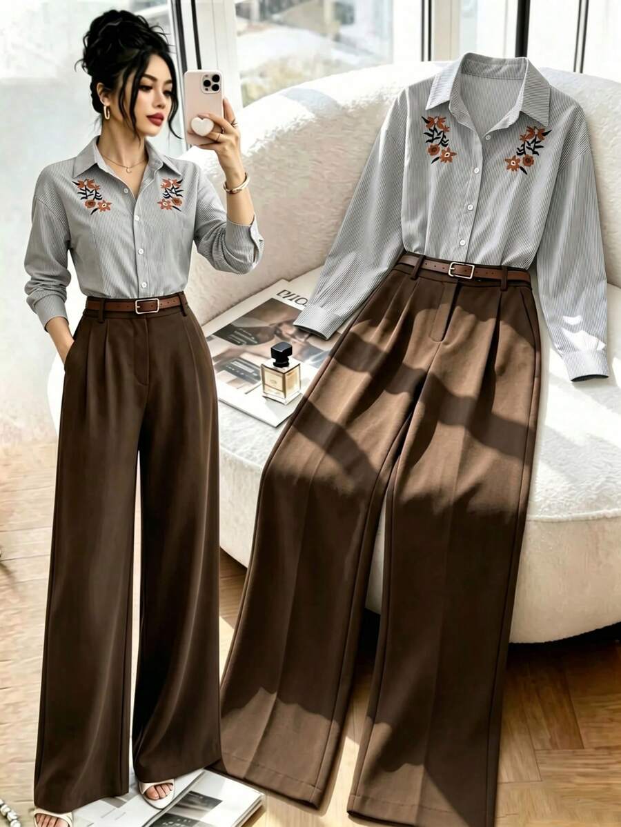 SHEIN Raffinéa 女士基础款蓝白条纹刺绣花卉衬衫+棕色修身休闲裤，法式复古休闲通勤两件套 - 巧克力棕 - 查看 1