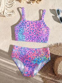 SHEIN Set Baju Renang Anak Perempuan Motif Leopard & Kupu-kupu, Motif Hewan, untuk Anak Perempuan Usia 7 hingga 10 Tahun, Set Bikini untuk Anak Perempuan yang Lucu - Purple - View 2