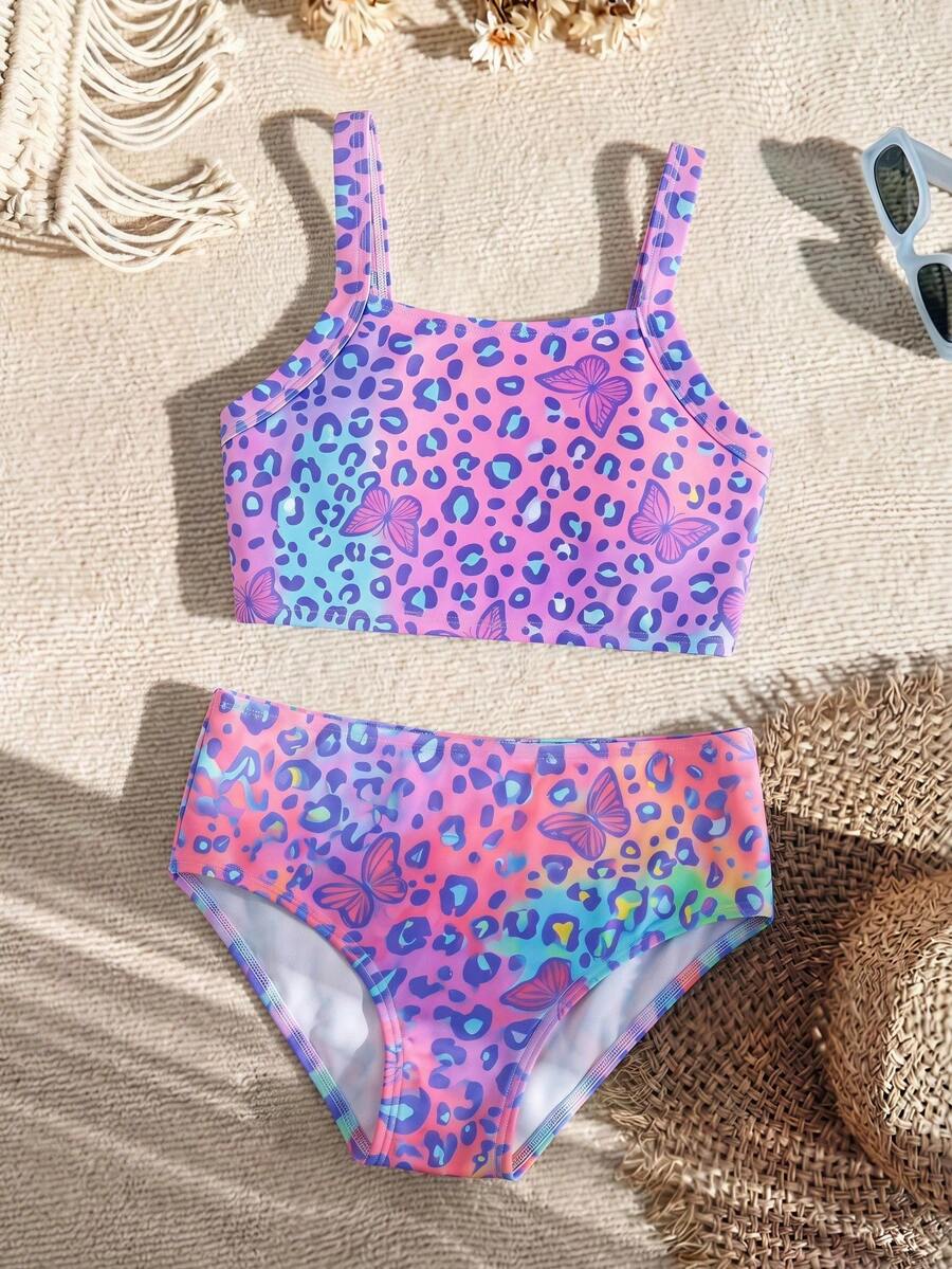 SHEIN Set Baju Renang Anak Perempuan Motif Leopard & Kupu-kupu, Motif Hewan, untuk Anak Perempuan Usia 7 hingga 10 Tahun, Set Bikini untuk Anak Perempuan yang Lucu