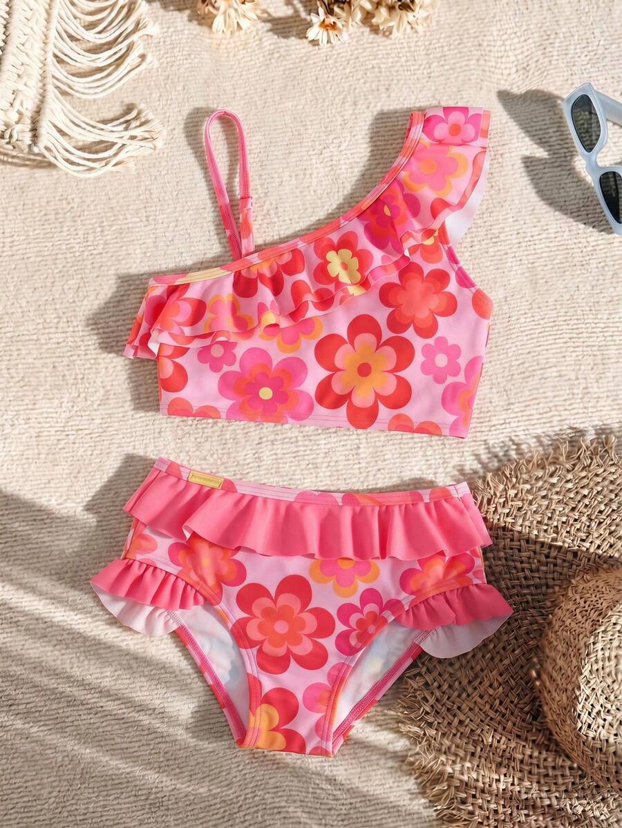 SHEIN 女童碎花荷叶边泳衣套装，夏季海滩度假泳装，女童泳衣，女童比基尼套装，热带印花柔软泳衣 - 彩色 - 查看 1