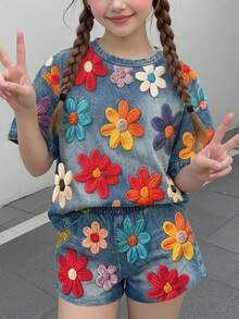 Tween Mädchen Lässig Süß Lustig Texturiert Kleines Blumenmuster, Süßer Creme Stil, Blumen Pastoral, Rundhals Kurzarm T-Shirt Lockere Shorts Zweiteiler Set Geeignet für Frühling und Sommer, Grafik, Gemütlich, Mädchen Outfit Sets, Y2k, Vintage, Urlaub - Verschiedenfarbig - Übersicht 2