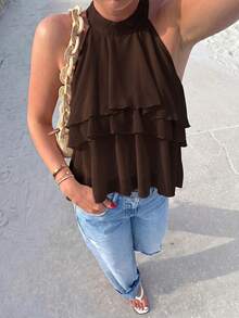 Firerie Elegant Dark Brown Loose Neck Ruffle Asymmetrical Chiffon Blouse Ruffled Top For Summer Banquet - Coffee Brown - View 4