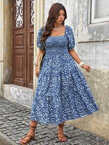 Breezaya Plus Size Women's Square Neck Casual Resort Summer Dress - Blue - View 1