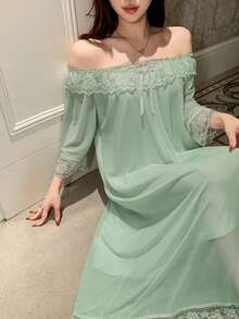 DAZY 蕾絲拼接露肩寬鬆女款睡裙家居服睡衣 - 綠色 - 查看 4