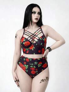 ROMWE Plus Size Rose Print Tankini Set Beach Party Black Summer Sexy Celestial Goth Halloween - Multicolor - View 1