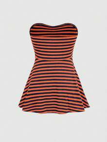 ROMWE Goth Y2k Hot Girl Retro Striped Fitted Tube Top - Orange - View 2