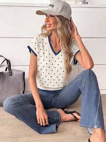SHEIN LUNE Women's V-Neck Printed T-Shirt, Versatile Summer Top - Multicolor - View 7