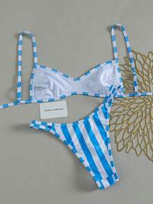 SHEIN Swim 夏季新款跨境歐美風甜美女孩阿根廷足球世界盃細邊兩件式比基尼套裝，綁帶式設計，三點式高衩三角褲，小胸聚攏性感女款泳衣，適用溫泉、海灘、度假、生日派對、假期、約會 - 彩色 - 查看 2