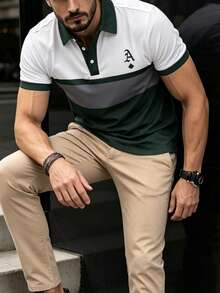 Manfinity Dauomo Men's Letter Print Colorblock Casual Versatile Daily Travel Short Sleeve T-Shirt - Army Green - View 6