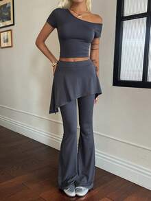 DAZY Women's Solid Color Asymmetrical Shoulder Short Sleeve T-Shirt 2 In 1 Flare Pants Casual Two Pieces Set Summer Dark Grey Night Out Going Out - Grey - View 3