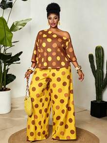 Maweii Plus Size Women's Polka Dot Asymmetrical Shoulder Bell Sleeve Loose Top, Spring/Summer Dopamine Casual - Brown - View 5