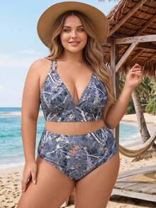 SHEIN CURVE+ 大尺碼夏季度假枝條印花比基尼套裝 - 彩色 - 查看 4