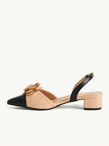 CUCCOO CHICEST 女款尖頭花朵飾品、對比色日常百搭時尚粗跟短跟鞋 - 卡其色 - 查看 11