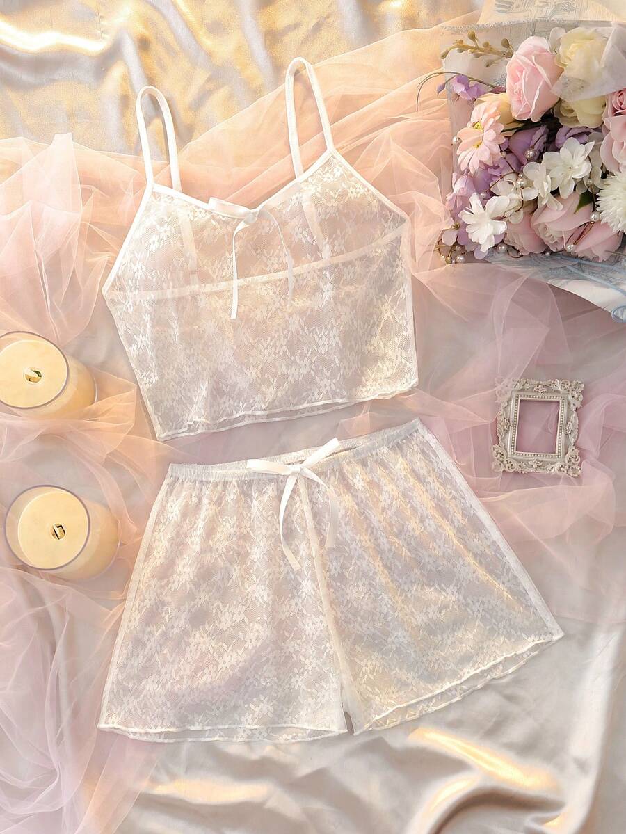 DelicateAllure Women's Sexy Lace Sleepwear Set - White - View 1