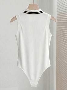 SHEIN Raffinéa Elegant Versatile Turndown Collar Half-Zip Knit White Bodysuit, Women's Spring/Summer Holiday Beach Bodysuit - White - View 2