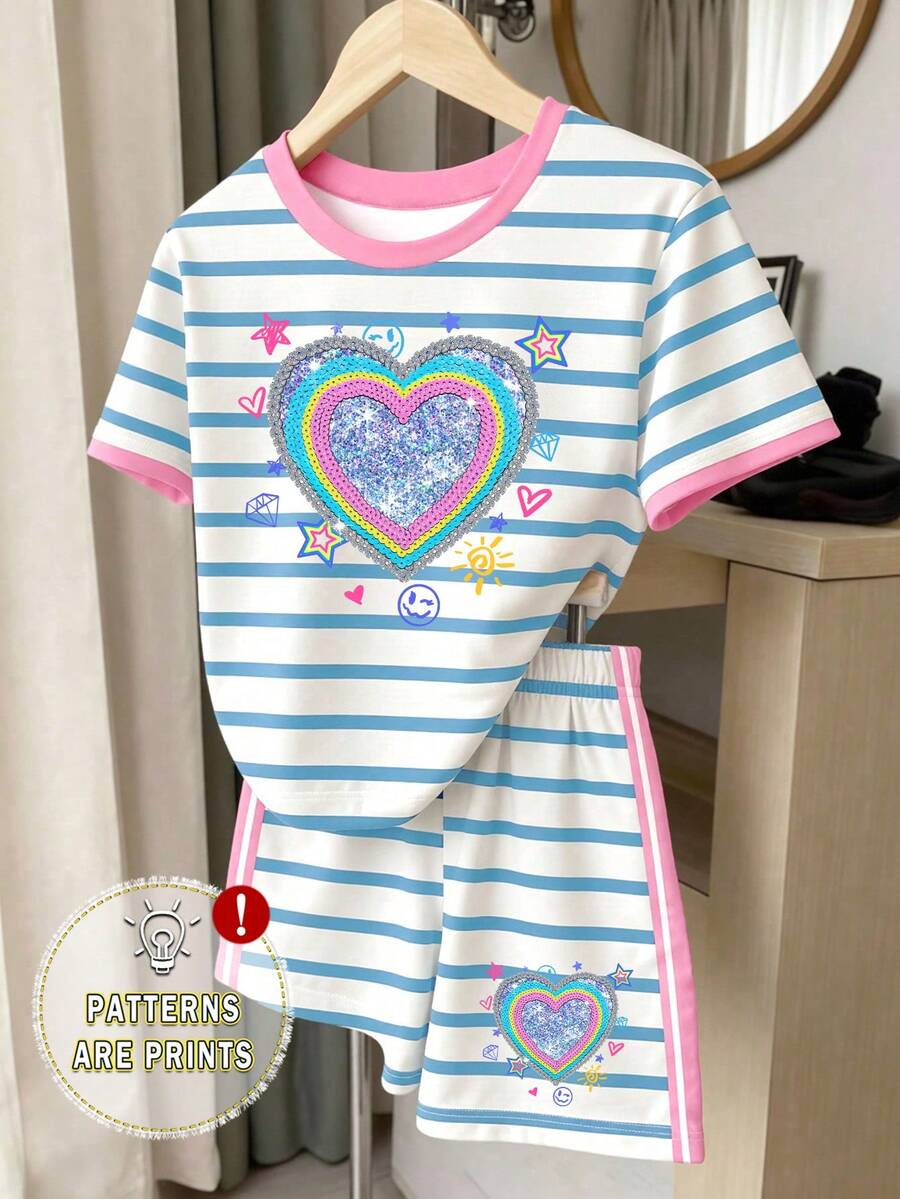 Girls' Fresh Premium Blue & White Striped Contrast Pink Glitter Colorful Heart Pattern Basic Short T-Shirt & Shorts Set, Casual Everyday Outfit - Multicolor - View 1