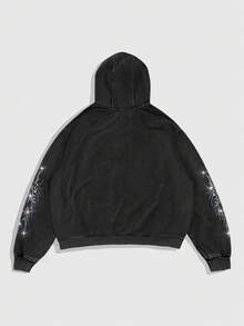 ROMWE MEN Goth 男士連帽拉鍊口袋休閒百搭日常穿著長袖運動衫 - 黑色 - 查看 2