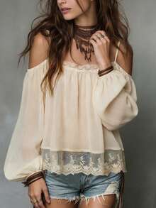 SHEIN LUNE Summer Women's Elegant Lace Cold-Shoulder Blouse, Light Apricot Loose Lantern Sleeve Blouse, Casual Street, Vacation, Date - Apricot - View 3
