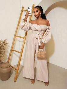 VaVaBold Beige,Autumn,Elegant,Dinner Date Lantern Sleeve Jumpsuit For Women,Satin Off Shoulder Petal Sleeve Cinched Waist Wide Leg Pants,Resort Holiday Romper - Apricot - View 1