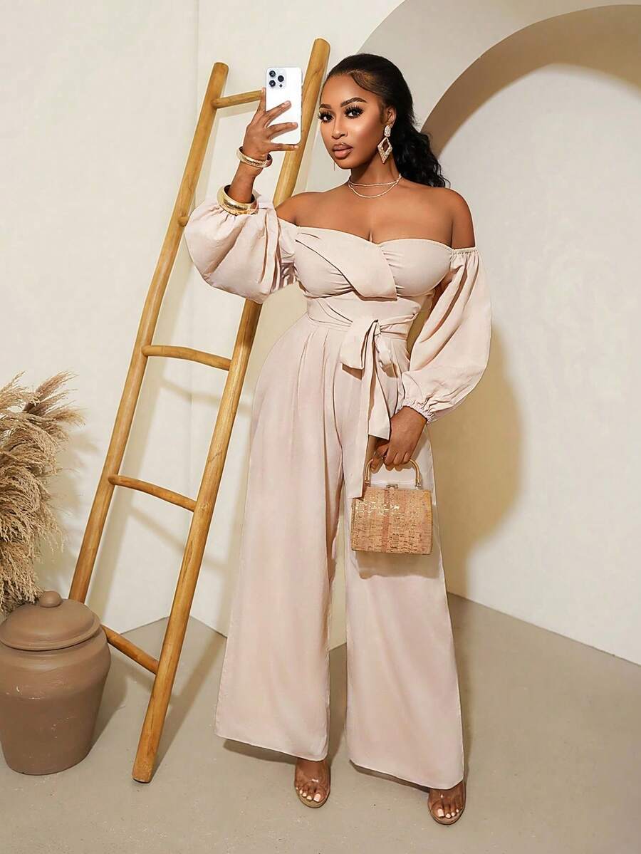 VaVaBold Beige,Autumn,Elegant,Dinner Date Lantern Sleeve Jumpsuit For Women,Satin Off Shoulder Petal Sleeve Cinched Waist Wide Leg Pants,Resort Holiday Romper - Apricot - View 1