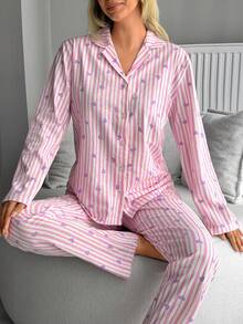 SHEIN Women 2 Pcs Pink Button Front With Striped&Heart Pattern Homewear Cute Pajama Set - Pink - View 6
