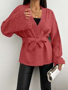 EURMUSE Women's Solid Drop Shoulder Long Sleeve Loose Tie-Waist Casual Cardigan,Petite Cardigans,Cardigans - Dusty Pink - View 7