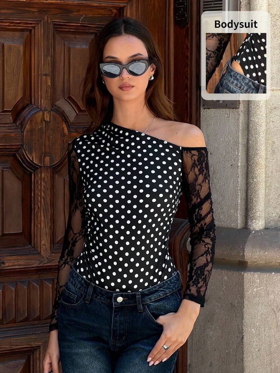 SHEIN 黑色蕾絲網眼細肩帶貼身背心 - 黑色 - 查看 1