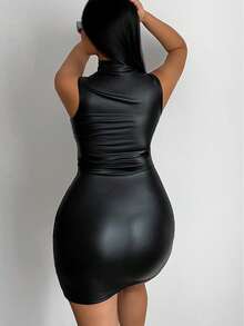 Sirith Mock Neck PU Leather Bodycon Dress - Black - View 2