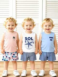 Souflis Souflis 3 Sets Baby Boy Outfit Set, Fashionable & Simple Coconut Tree Print Tank Top Paired With Contrast Pattern Coconut Tree Print Shorts - Multicolor - View 4