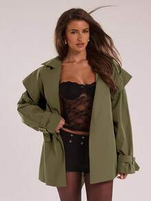 SHEIN BAE 女款時尚通勤素色風衣外套 - 軍綠色 - 查看 3
