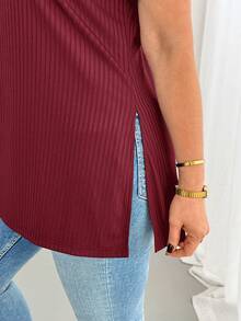 Shapeblank 大尺碼女款夏季時尚休閒高彈性舒適V領短袖T恤 - 酒紅色 - 查看 7