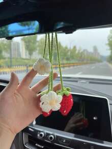 2Pcs Woven Strawberry Car Hanging Pendants, Cute Handmade Ornaments For Auto Interior Decoration - one size fits all - View 2
