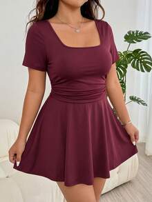Solflare Women's Plus Size Short Sleeve High Waist Casual Jumpsuit - Burgundy - View 5