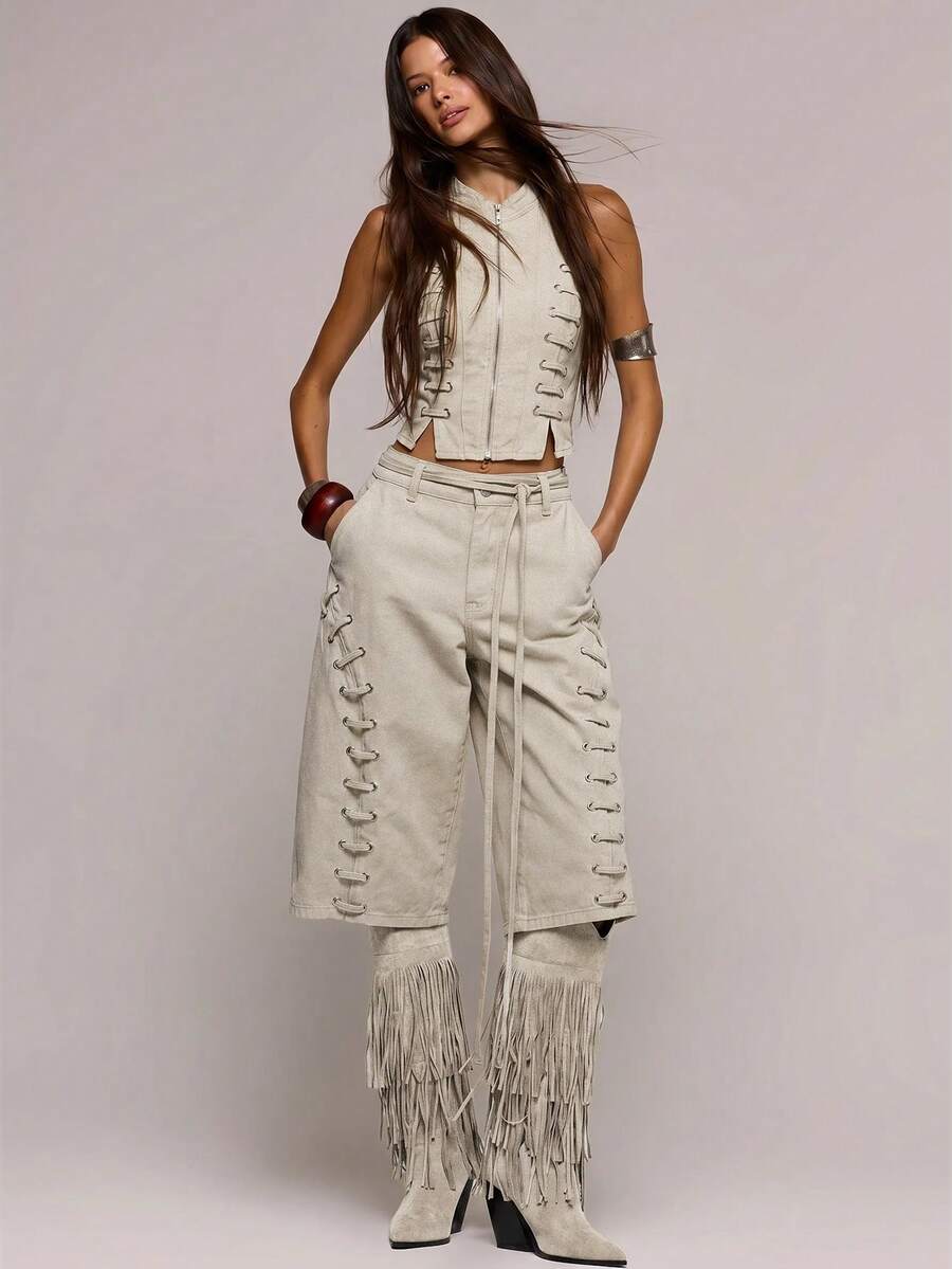 MUSERA Ösen-Schnürung lockere Passform Denim-Jorts Frühling Sommer sexy Date Night Club Festival Urlaub Nachtausgang Urlaub Soul Ties - Grau - Übersicht 1