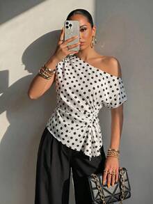 Structelle Women's White And Black Polka Dot Asymmetric Neckline Side Drawstring Ruched Fashion Top Brunch Date Summer French Elegant - Multicolor - View 4
