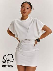 SHEIN BAE 女士休闲白色褶皱短袖迷你连衣裙，适合休闲、通勤、工作、机场、日常穿着、派对、购物等场合。 - 白色 - 查看 1