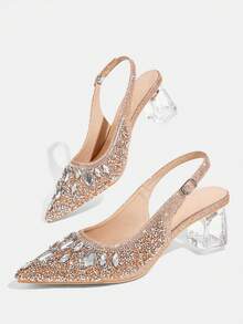 CUCCOO TILAWA Women's Crystal Heel Glass Rhinestone Pointed Toe Pink High Heel Pumps, Suitable For Outings, Banquets, Parties And Other Events - Champagne gold - View 6