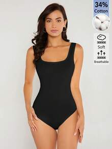 SHEIN BASICS 女款純色方領背心連身衣 日常白天穿著 黑色 夏季基礎款 極簡休閒居家風 - 黑色 - 查看 4